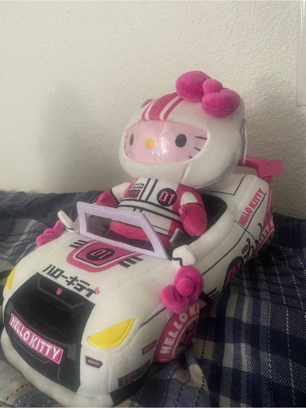 Hello Kitty White and Pink Race Car Plush with Driver